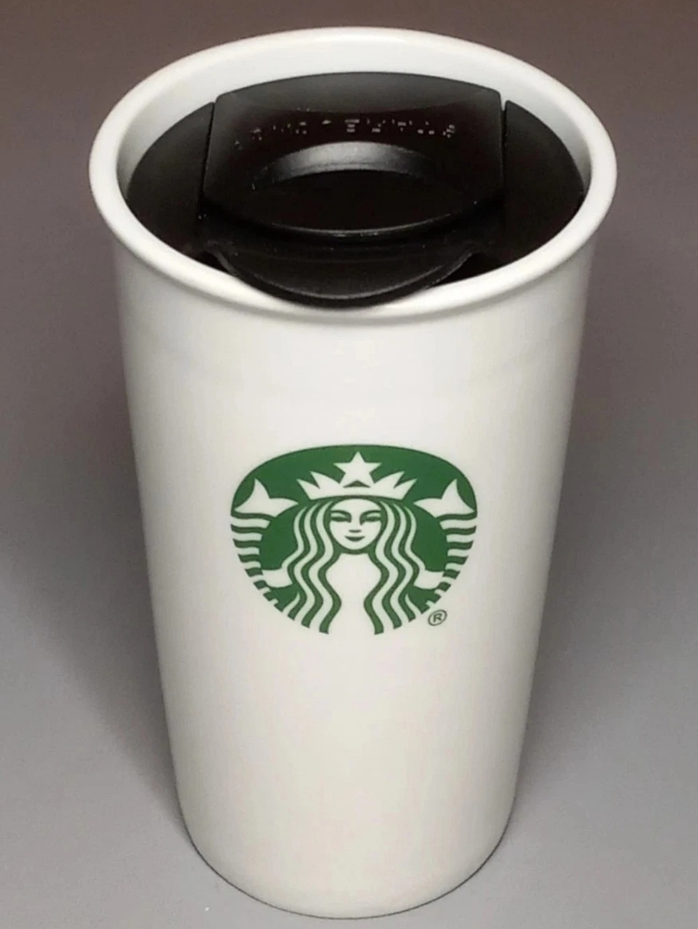 2011 Starbucks Green Siren Logo Ceramic Travel Mug 10 oz White Tumbler With Lid